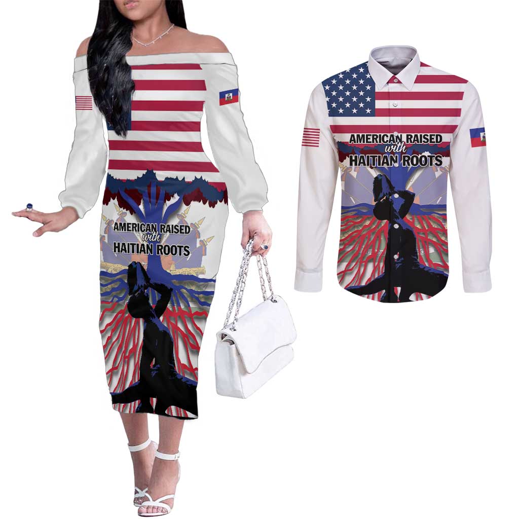 Haiti Heritage Month 2025 Couples Matching Off The Shoulder Long Sleeve Dress and Long Sleeve Button Shirt American Raised With Haitian Roots