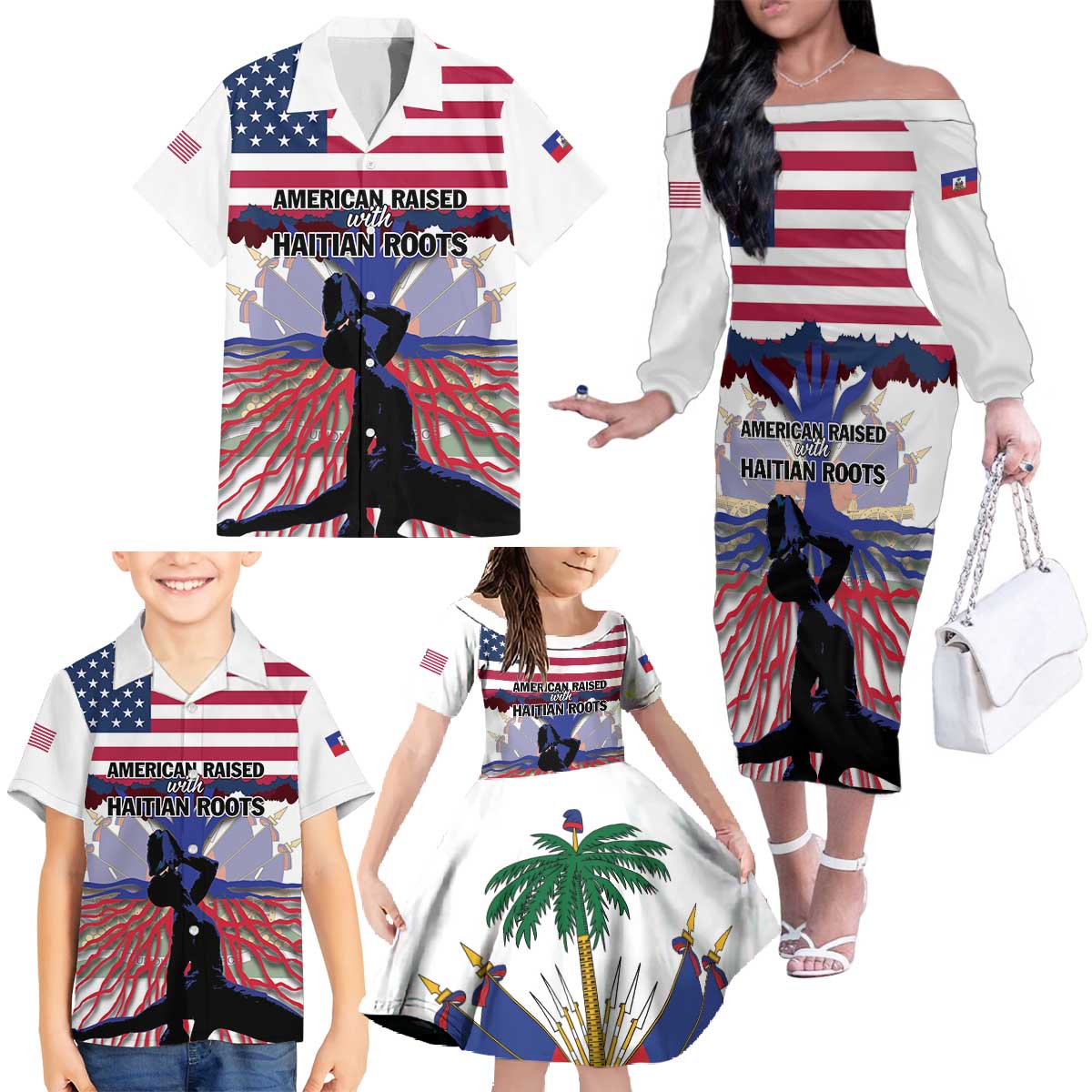Haiti Heritage Month 2025 Family Matching Off The Shoulder Long Sleeve Dress and Hawaiian Shirt American Raised With Haitian Roots