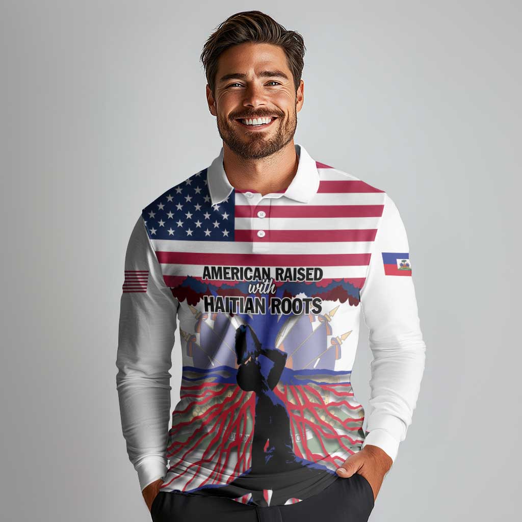 Haiti Heritage Month 2025 Long Sleeve Polo Shirt American Raised With Haitian Roots