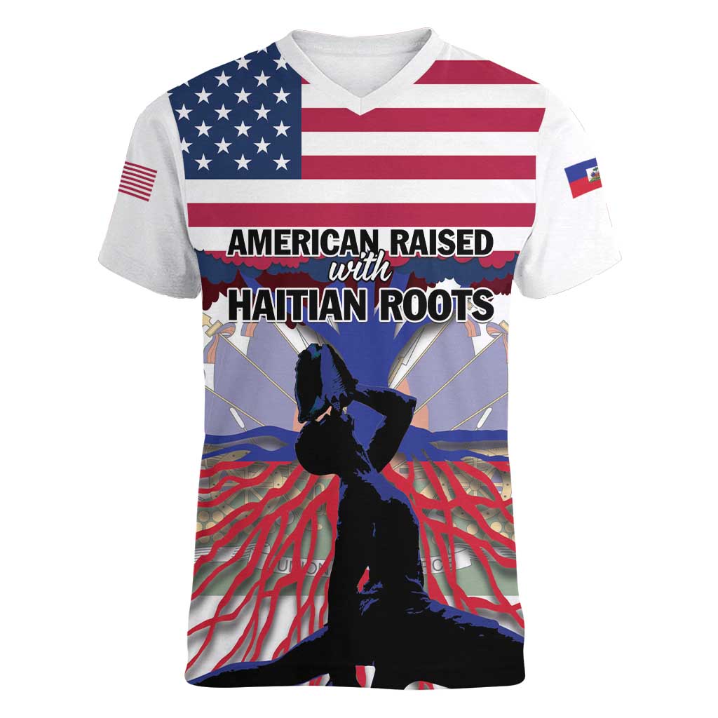 Haiti Heritage Month 2025 Women V-Neck T-Shirt American Raised With Haitian Roots
