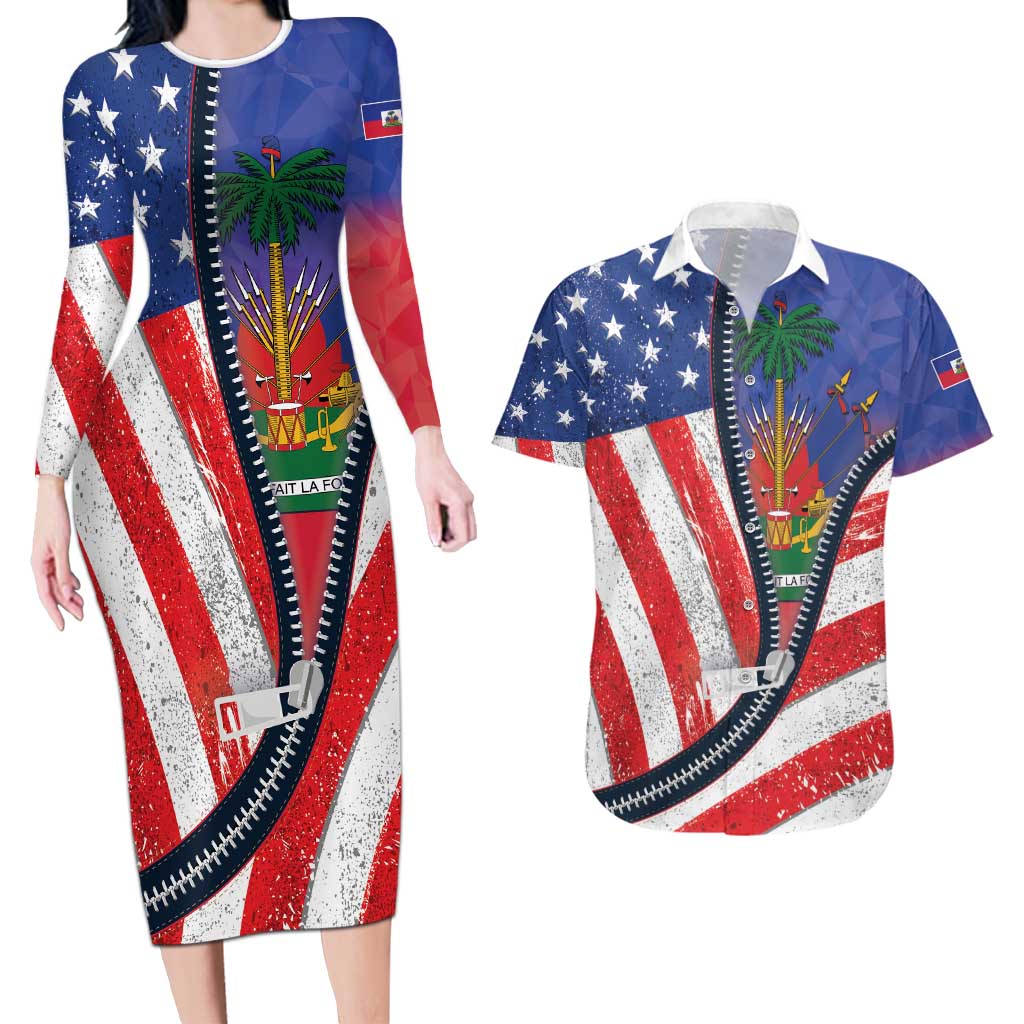 Haitian Americans Zipper Stylized Couples Matching Long Sleeve Bodycon Dress and Hawaiian Shirt Haiti Heritage Month 2025