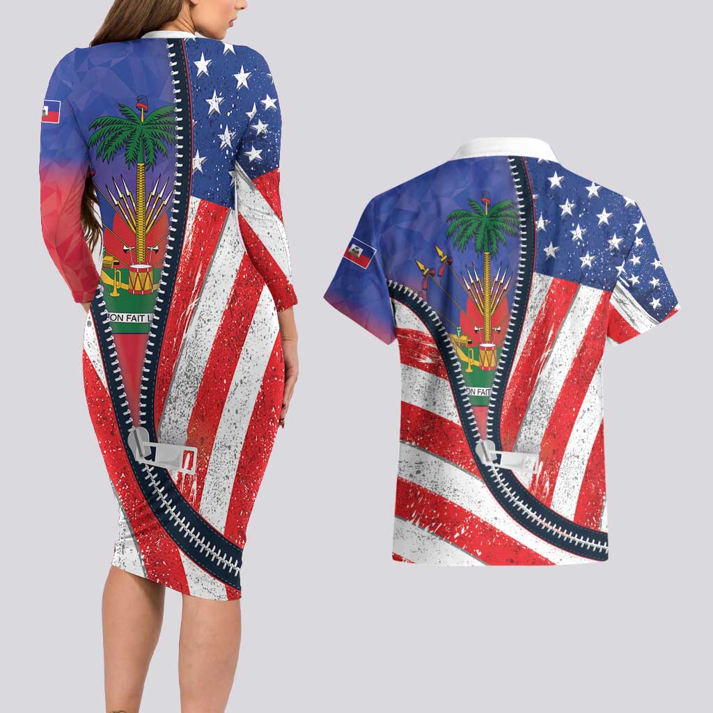 Haitian Americans Zipper Stylized Couples Matching Long Sleeve Bodycon Dress and Hawaiian Shirt Haiti Heritage Month 2025