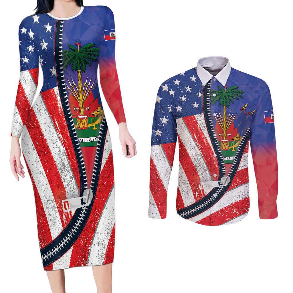 Haitian Americans Zipper Stylized Couples Matching Long Sleeve Bodycon Dress and Long Sleeve Button Shirt Haiti Heritage Month 2025