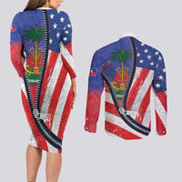 Haitian Americans Zipper Stylized Couples Matching Long Sleeve Bodycon Dress and Long Sleeve Button Shirt Haiti Heritage Month 2025