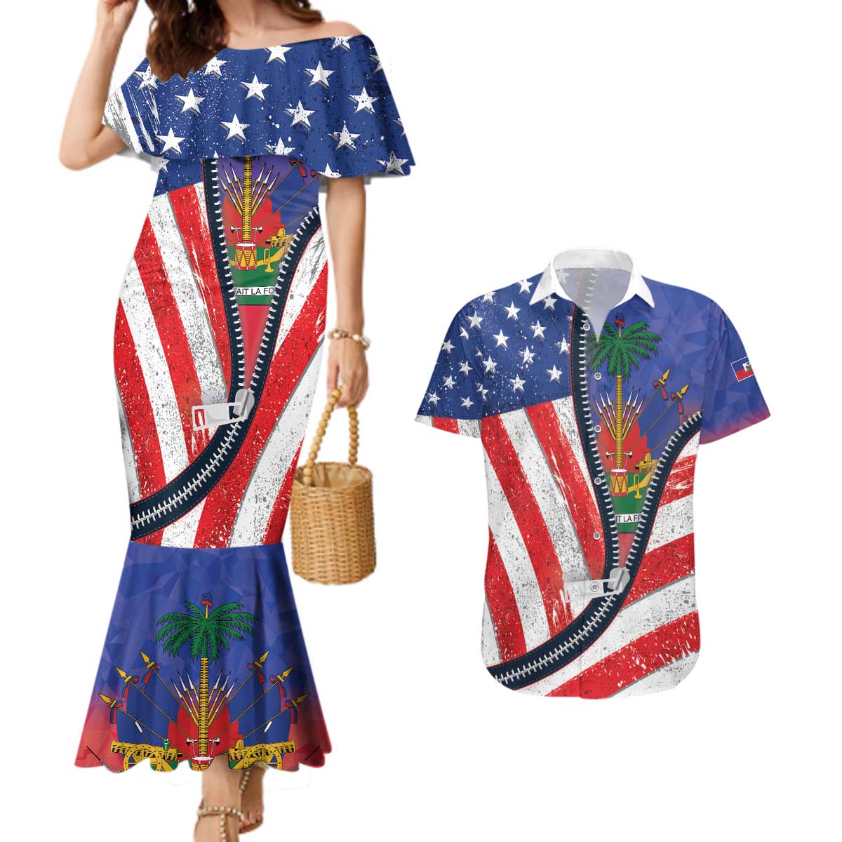 Haitian Americans Zipper Stylized Couples Matching Mermaid Dress and Hawaiian Shirt Haiti Heritage Month 2025