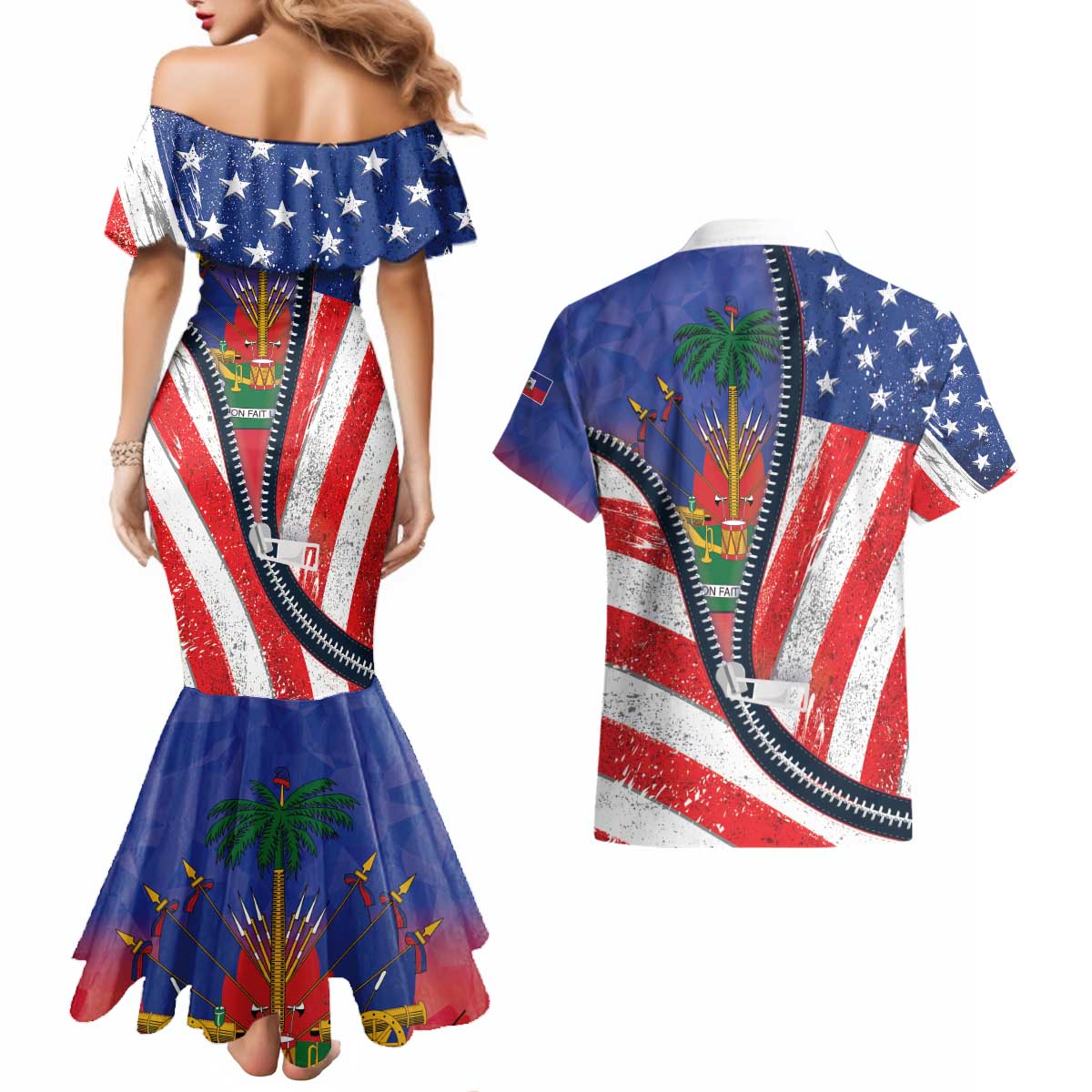 Haitian Americans Zipper Stylized Couples Matching Mermaid Dress and Hawaiian Shirt Haiti Heritage Month 2025