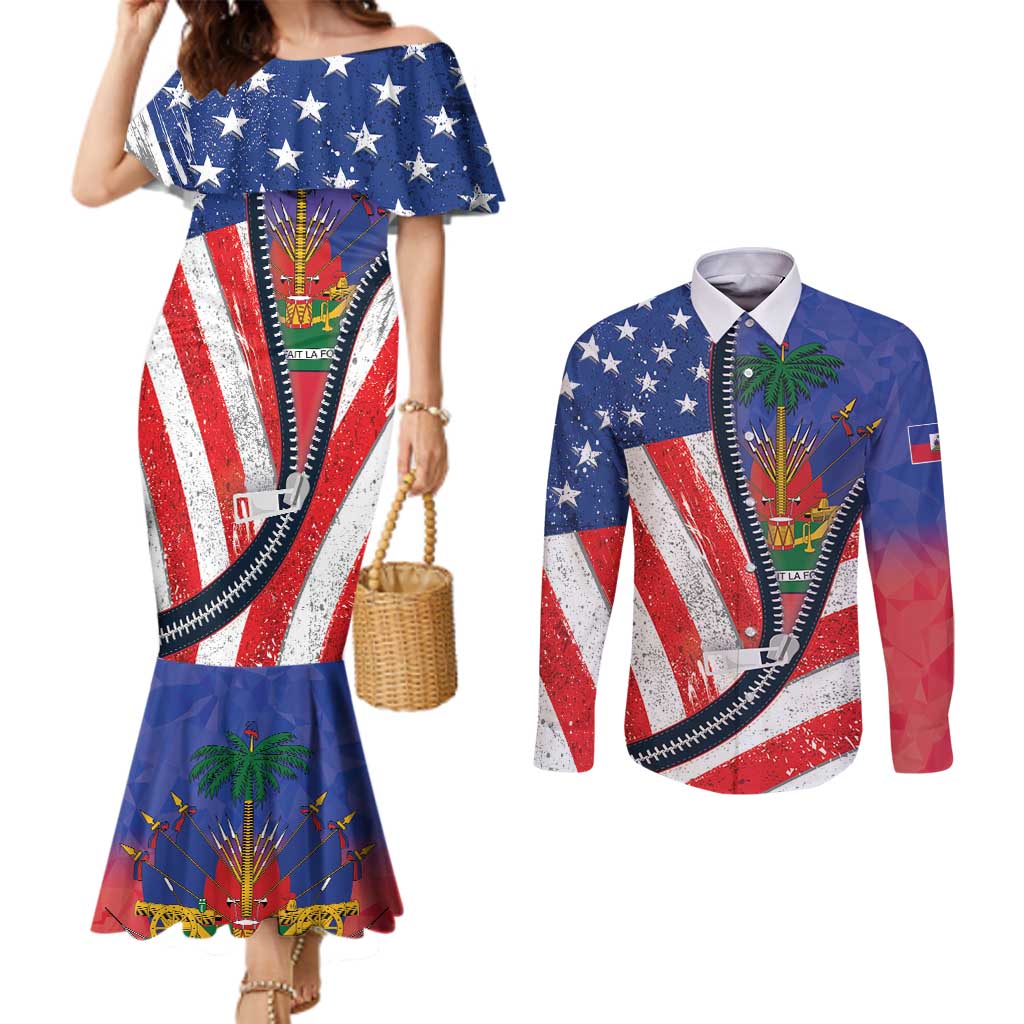 Haitian Americans Zipper Stylized Couples Matching Mermaid Dress and Long Sleeve Button Shirt Haiti Heritage Month 2025