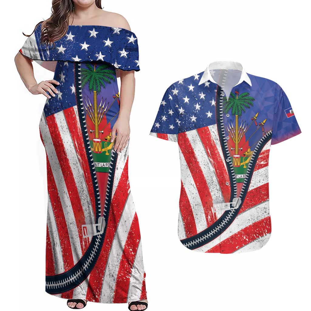 Haitian Americans Zipper Stylized Couples Matching Off Shoulder Maxi Dress and Hawaiian Shirt Haiti Heritage Month 2025
