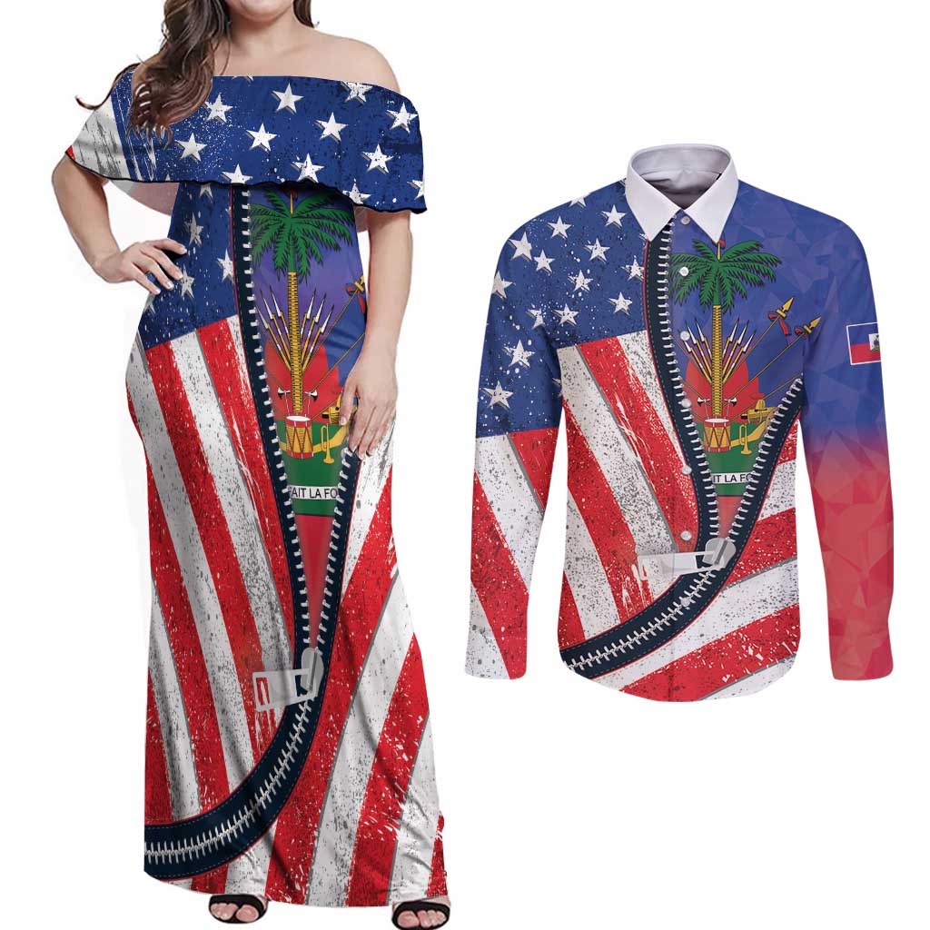 Haitian Americans Zipper Stylized Couples Matching Off Shoulder Maxi Dress and Long Sleeve Button Shirt Haiti Heritage Month 2025