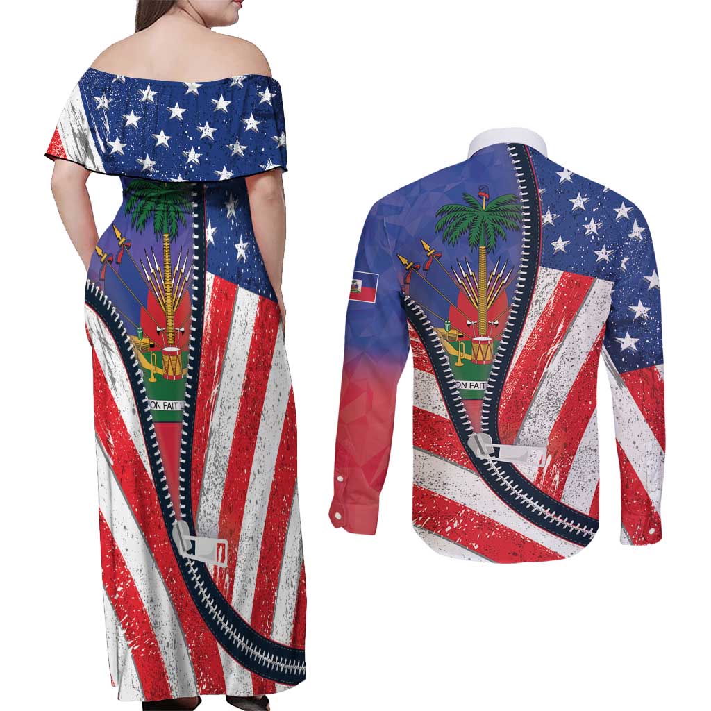 Haitian Americans Zipper Stylized Couples Matching Off Shoulder Maxi Dress and Long Sleeve Button Shirt Haiti Heritage Month 2025