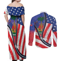 Haitian Americans Zipper Stylized Couples Matching Off Shoulder Maxi Dress and Long Sleeve Button Shirt Haiti Heritage Month 2025