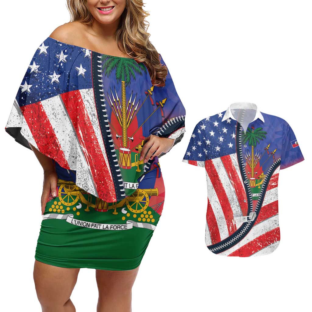 Haitian Americans Zipper Stylized Couples Matching Off Shoulder Short Dress and Hawaiian Shirt Haiti Heritage Month 2025