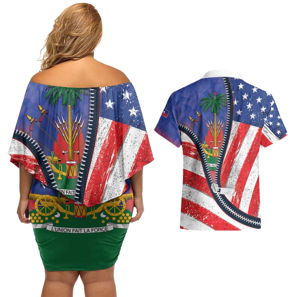 Haitian Americans Zipper Stylized Couples Matching Off Shoulder Short Dress and Hawaiian Shirt Haiti Heritage Month 2025