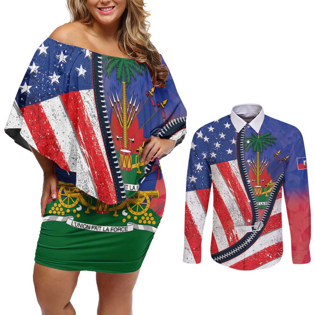 Haitian Americans Zipper Stylized Couples Matching Off Shoulder Short Dress and Long Sleeve Button Shirt Haiti Heritage Month 2025