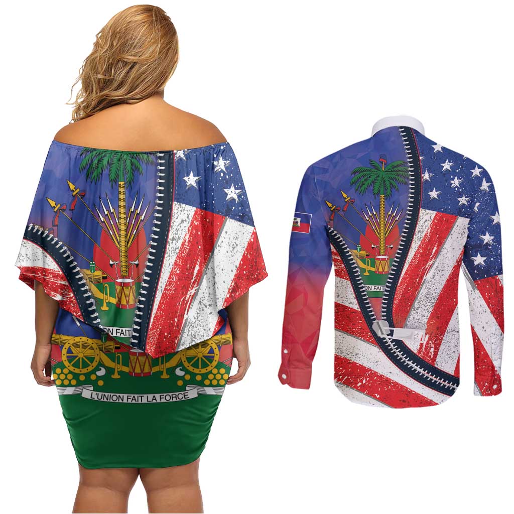 Haitian Americans Zipper Stylized Couples Matching Off Shoulder Short Dress and Long Sleeve Button Shirt Haiti Heritage Month 2025