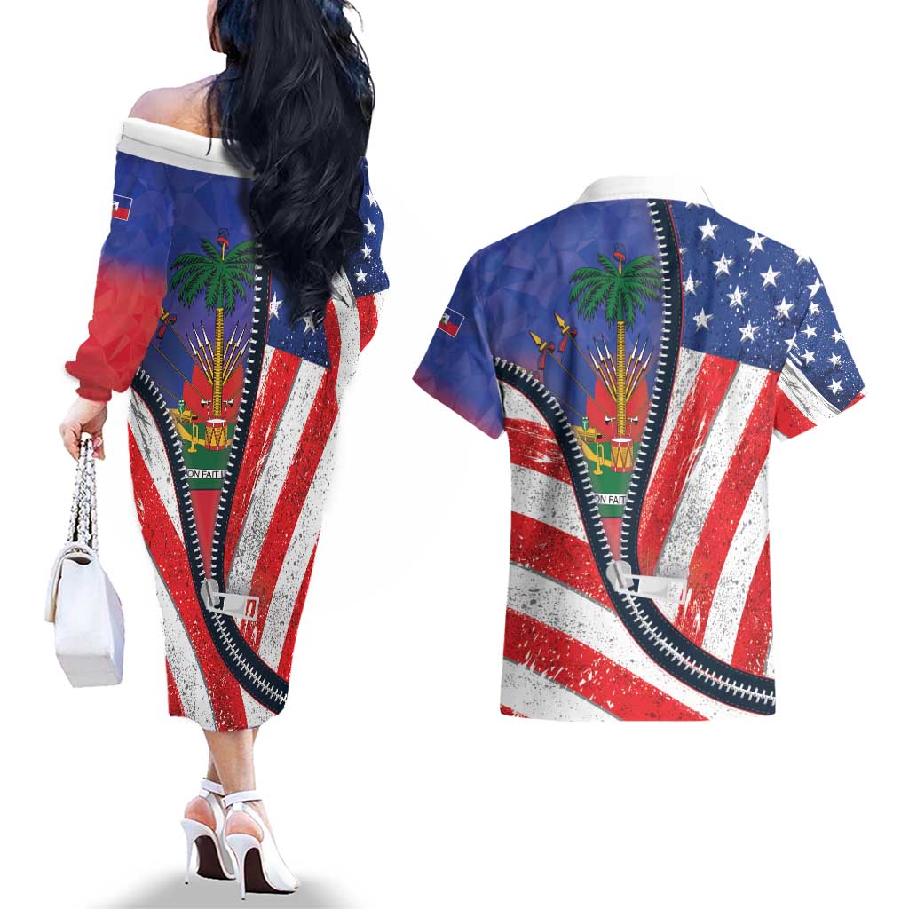 Haitian Americans Zipper Stylized Couples Matching Off The Shoulder Long Sleeve Dress and Hawaiian Shirt Haiti Heritage Month 2025
