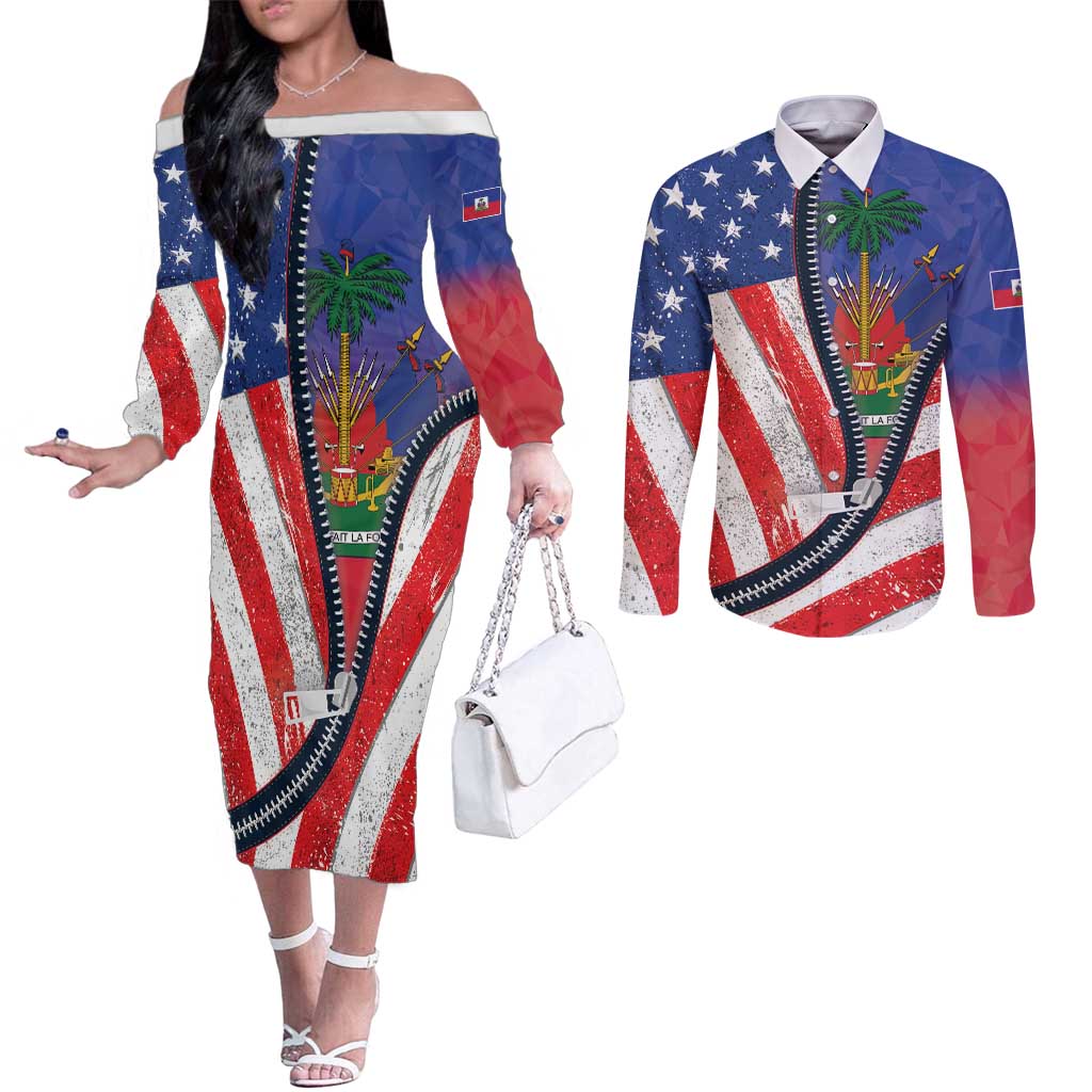 Haitian Americans Zipper Stylized Couples Matching Off The Shoulder Long Sleeve Dress and Long Sleeve Button Shirt Haiti Heritage Month 2025