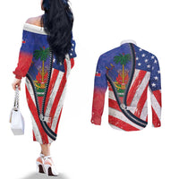 Haitian Americans Zipper Stylized Couples Matching Off The Shoulder Long Sleeve Dress and Long Sleeve Button Shirt Haiti Heritage Month 2025