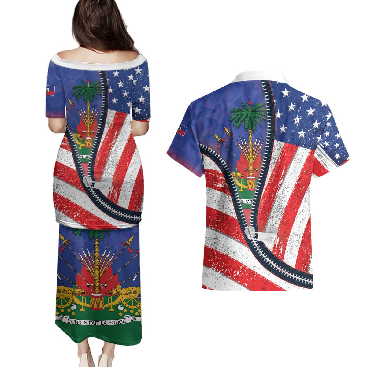 Haitian Americans Zipper Stylized Couples Matching Puletasi and Hawaiian Shirt Haiti Heritage Month 2025