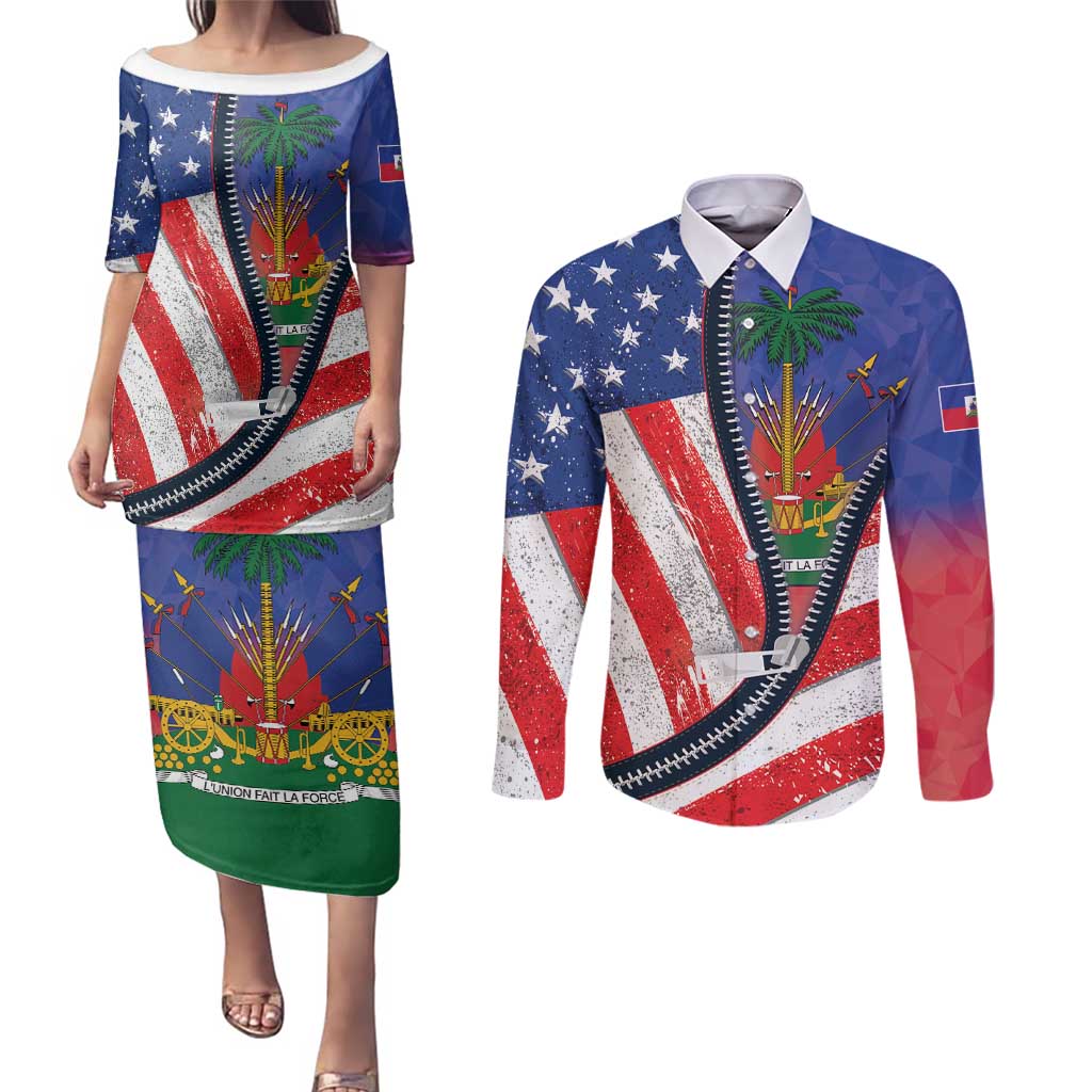 Haitian Americans Zipper Stylized Couples Matching Puletasi and Long Sleeve Button Shirt Haiti Heritage Month 2025