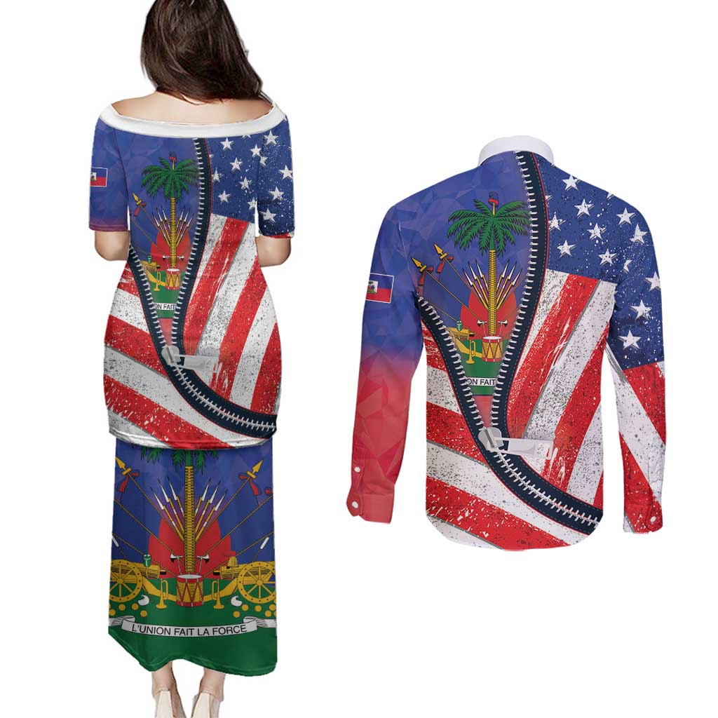 Haitian Americans Zipper Stylized Couples Matching Puletasi and Long Sleeve Button Shirt Haiti Heritage Month 2025