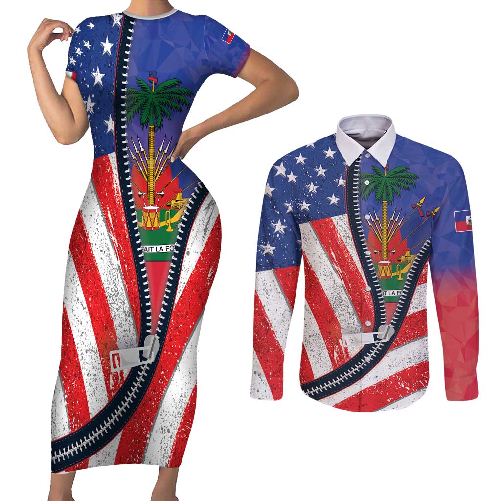 Haitian Americans Zipper Stylized Couples Matching Short Sleeve Bodycon Dress and Long Sleeve Button Shirt Haiti Heritage Month 2025