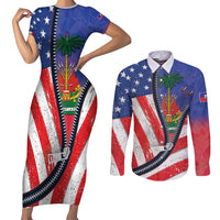 Haitian Americans Zipper Stylized Couples Matching Short Sleeve Bodycon Dress and Long Sleeve Button Shirt Haiti Heritage Month 2025