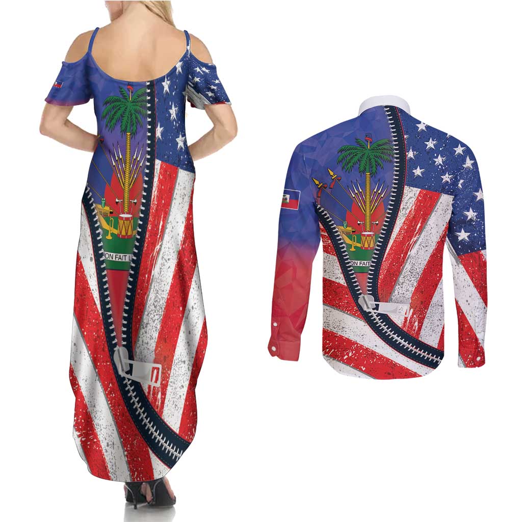 Haitian Americans Zipper Stylized Couples Matching Summer Maxi Dress and Long Sleeve Button Shirt Haiti Heritage Month 2025