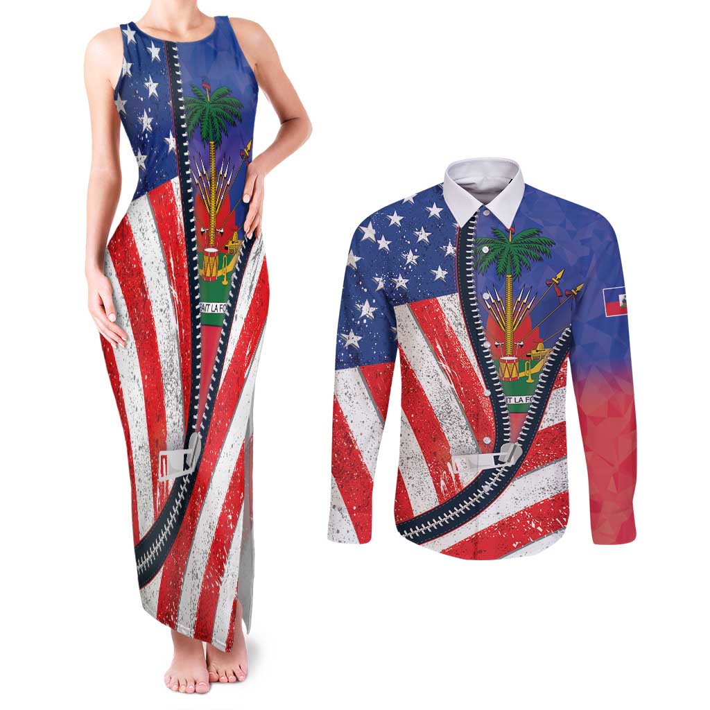Haitian Americans Zipper Stylized Couples Matching Tank Maxi Dress and Long Sleeve Button Shirt Haiti Heritage Month 2025