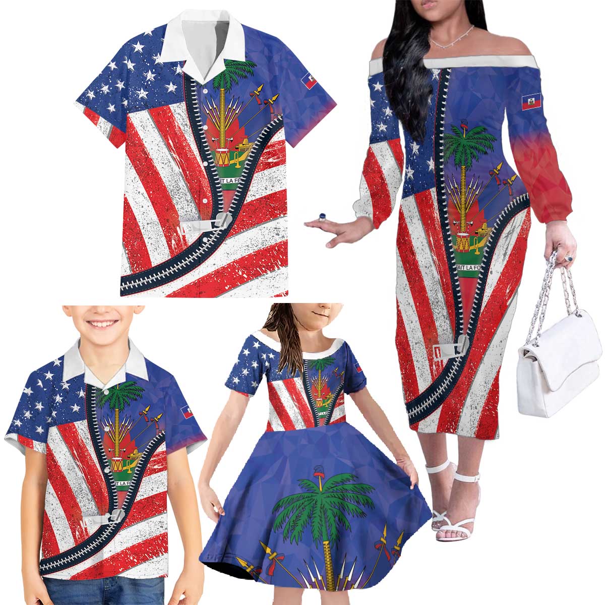 Haitian Americans Zipper Stylized Family Matching Off The Shoulder Long Sleeve Dress and Hawaiian Shirt Haiti Heritage Month 2025