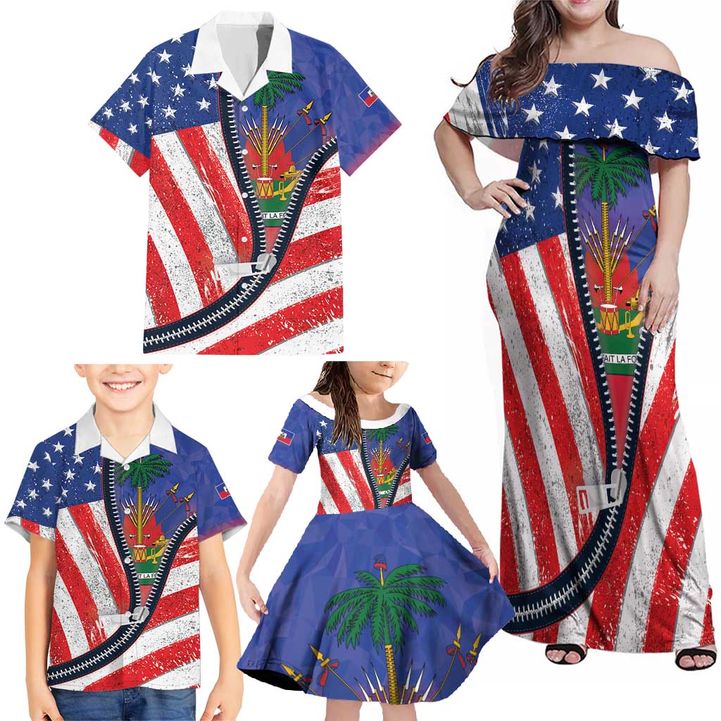 Haitian Americans Zipper Stylized Family Matching Off Shoulder Maxi Dress and Hawaiian Shirt Haiti Heritage Month 2025
