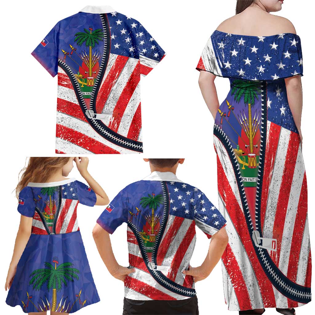 Haitian Americans Zipper Stylized Family Matching Off Shoulder Maxi Dress and Hawaiian Shirt Haiti Heritage Month 2025