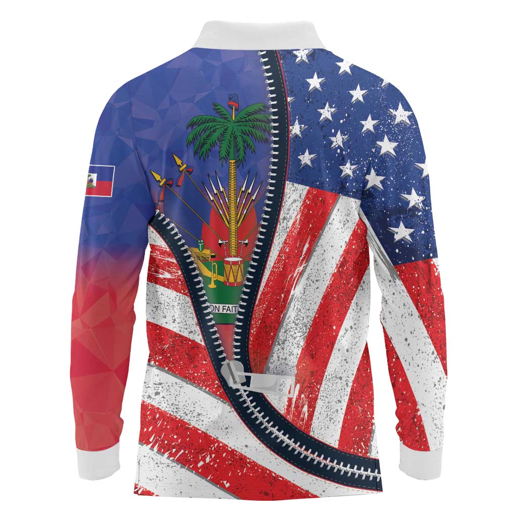 Haitian Americans Zipper Stylized Long Sleeve Polo Shirt Haiti Heritage Month 2025