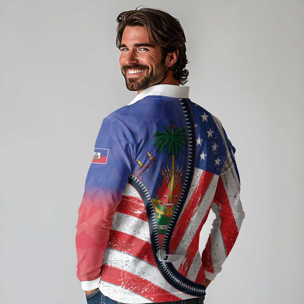 Haitian Americans Zipper Stylized Long Sleeve Polo Shirt Haiti Heritage Month 2025