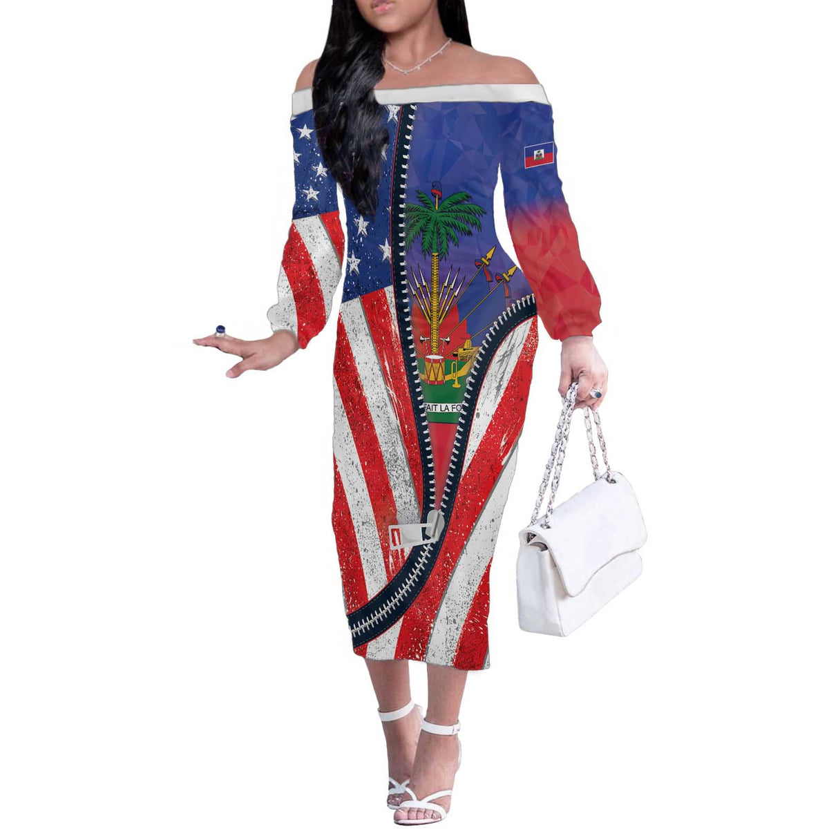 Haitian Americans Zipper Stylized Off The Shoulder Long Sleeve Dress Haiti Heritage Month 2025