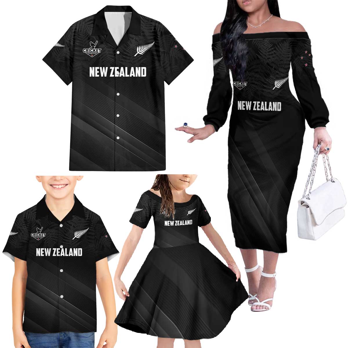 Custom New Zealand Cricket Family Matching Off The Shoulder Long Sleeve Dress and Hawaiian Shirt Aotearoa Black Cap Come On