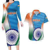 Custom India Cricket Couples Matching Long Sleeve Bodycon Dress and Hawaiian Shirt Men in Blue Champions 2025