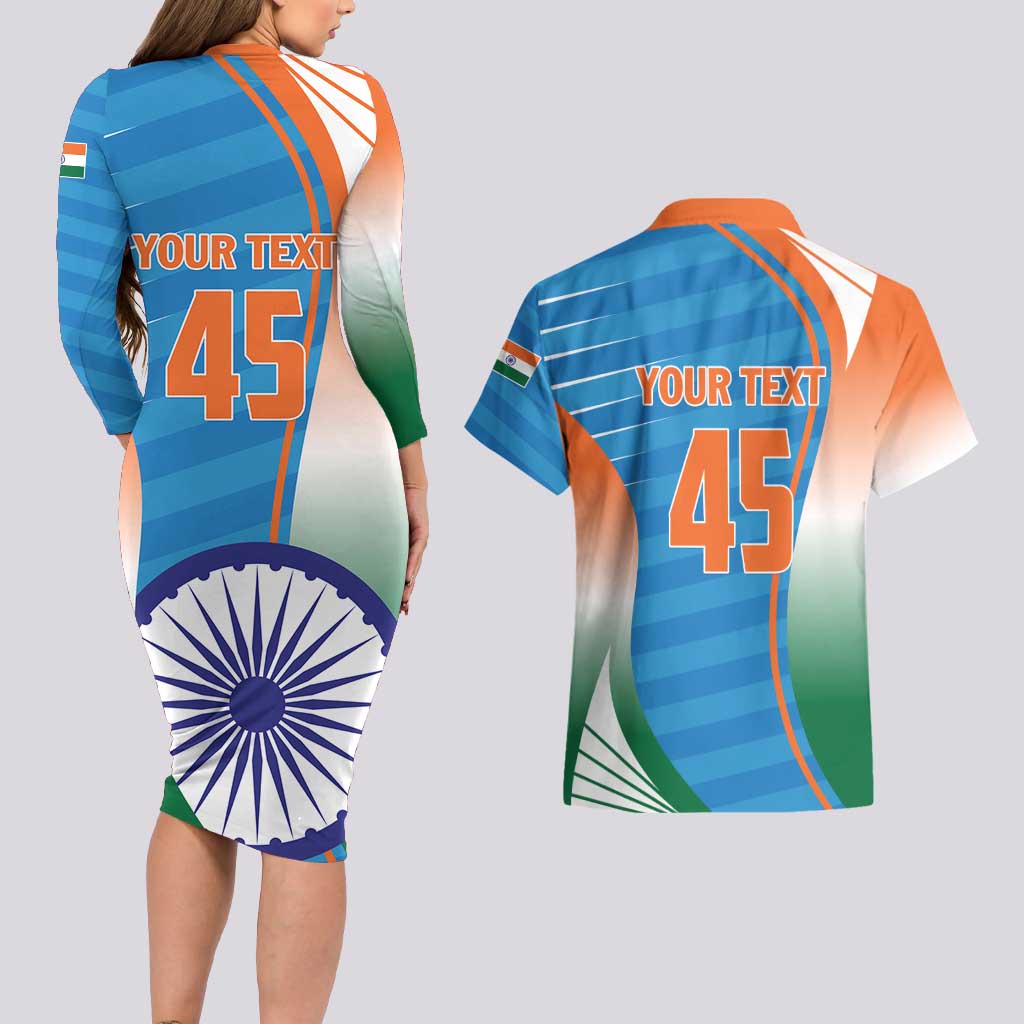Custom India Cricket Couples Matching Long Sleeve Bodycon Dress and Hawaiian Shirt Men in Blue Champions 2025