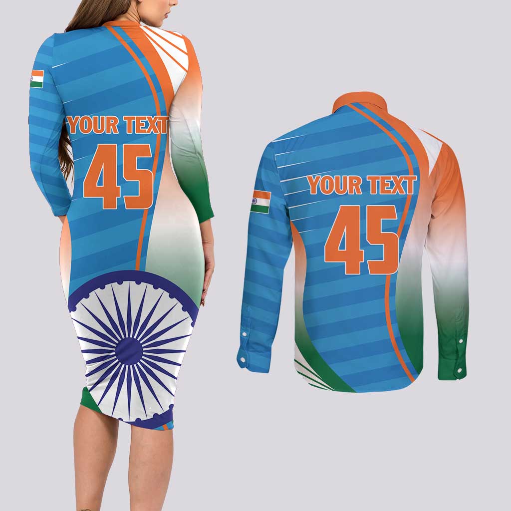 Custom India Cricket Couples Matching Long Sleeve Bodycon Dress and Long Sleeve Button Shirt Men in Blue Champions 2025