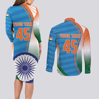 Custom India Cricket Couples Matching Long Sleeve Bodycon Dress and Long Sleeve Button Shirt Men in Blue Champions 2025