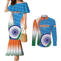 Custom India Cricket Couples Matching Mermaid Dress and Long Sleeve Button Shirt Men in Blue Champions 2025