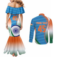Custom India Cricket Couples Matching Mermaid Dress and Long Sleeve Button Shirt Men in Blue Champions 2025