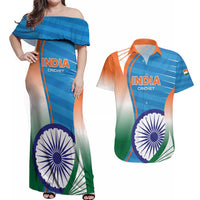 Custom India Cricket Couples Matching Off Shoulder Maxi Dress and Hawaiian Shirt Men in Blue Champions 2025