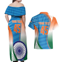 Custom India Cricket Couples Matching Off Shoulder Maxi Dress and Hawaiian Shirt Men in Blue Champions 2025