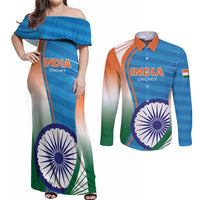 Custom India Cricket Couples Matching Off Shoulder Maxi Dress and Long Sleeve Button Shirt Men in Blue Champions 2025