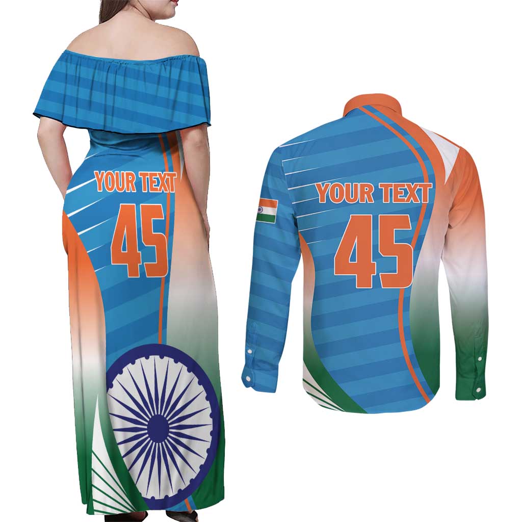 Custom India Cricket Couples Matching Off Shoulder Maxi Dress and Long Sleeve Button Shirt Men in Blue Champions 2025