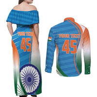 Custom India Cricket Couples Matching Off Shoulder Maxi Dress and Long Sleeve Button Shirt Men in Blue Champions 2025