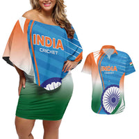 Custom India Cricket Couples Matching Off Shoulder Short Dress and Hawaiian Shirt Men in Blue Champions 2025
