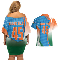 Custom India Cricket Couples Matching Off Shoulder Short Dress and Hawaiian Shirt Men in Blue Champions 2025