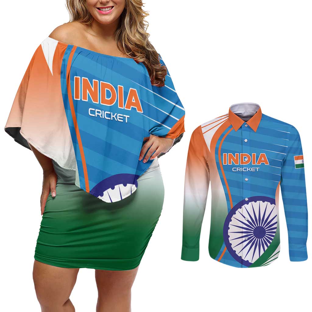 Custom India Cricket Couples Matching Off Shoulder Short Dress and Long Sleeve Button Shirt Men in Blue Champions 2025